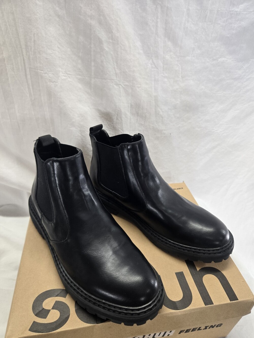 Schuh Men's 44 Black Leather Damon Chunky Chelsea Boots New